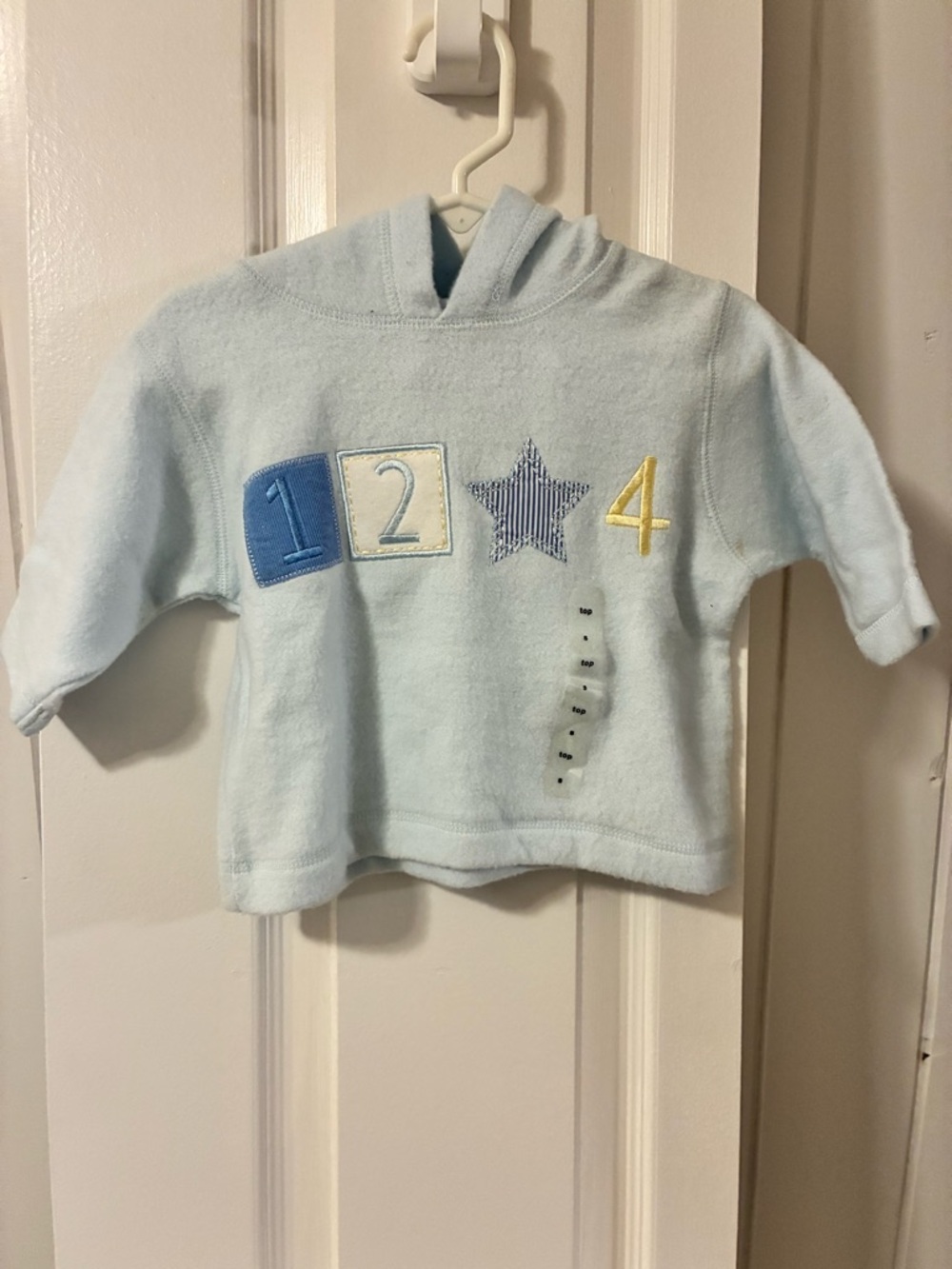 Vintage “1999” Baby GAP Light Blue Hooded Pullover with Number & Star Appliqués